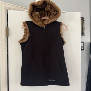 Marmot Black Vest with Brown Faux-Fur Hood